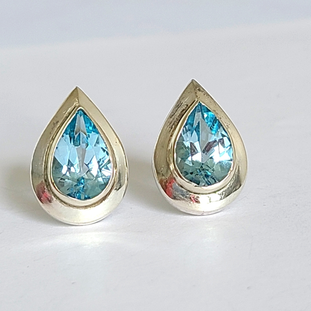 Vintage Blue Topaz Crystal Chunky Pear Teardrop Sterling Silver Stud Earrings